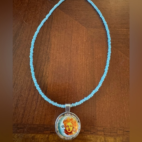 Moon Goddess & Blue Moon Cabochon Silver tone Pendant on Blue Beaded Necklace - Picture 7 of 7